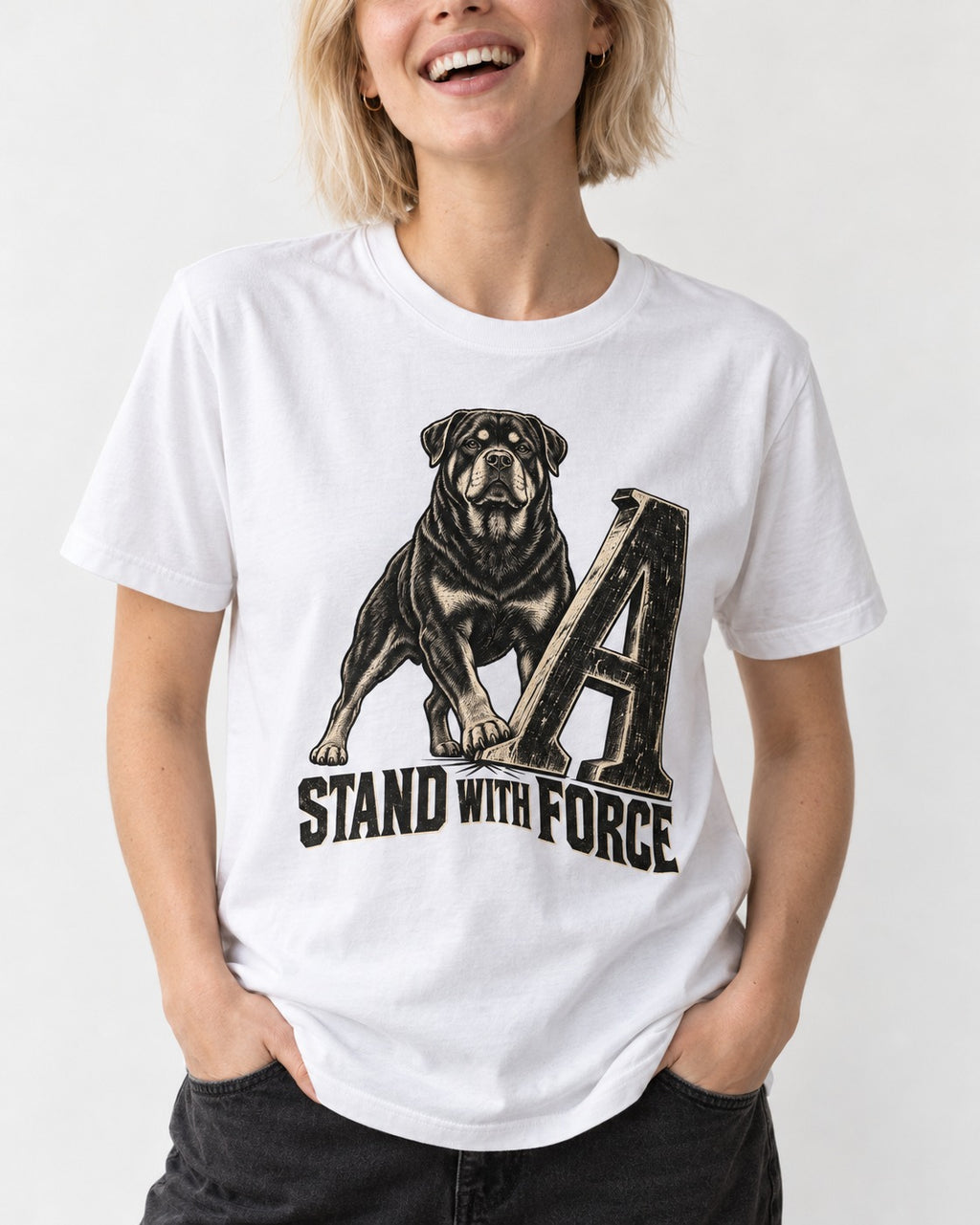 Rottweiler Stand with Force T-Shirt in White, worn by a model, front view