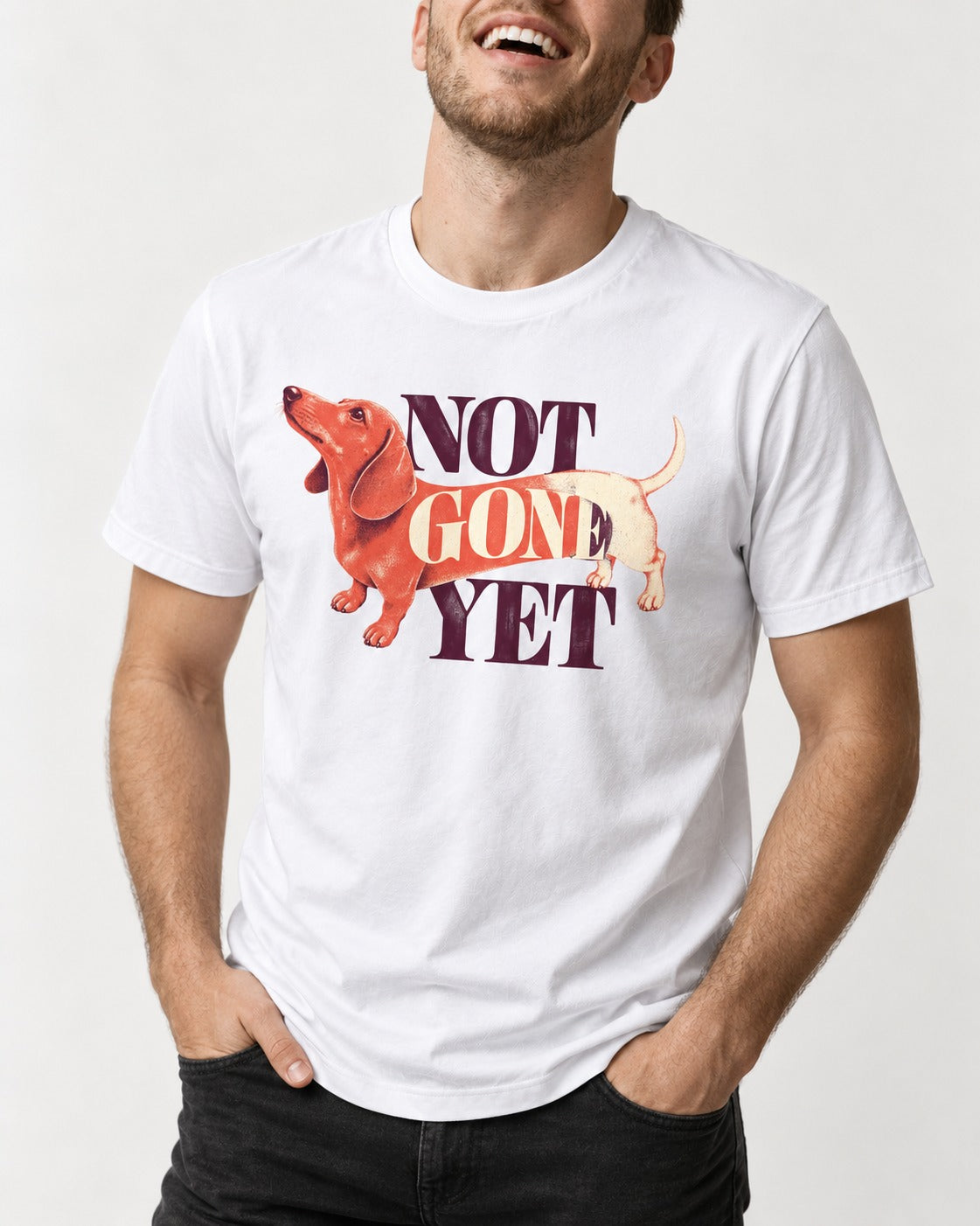 Dachshund Not Gone Yet T-Shirt in White, worn by a model, front view