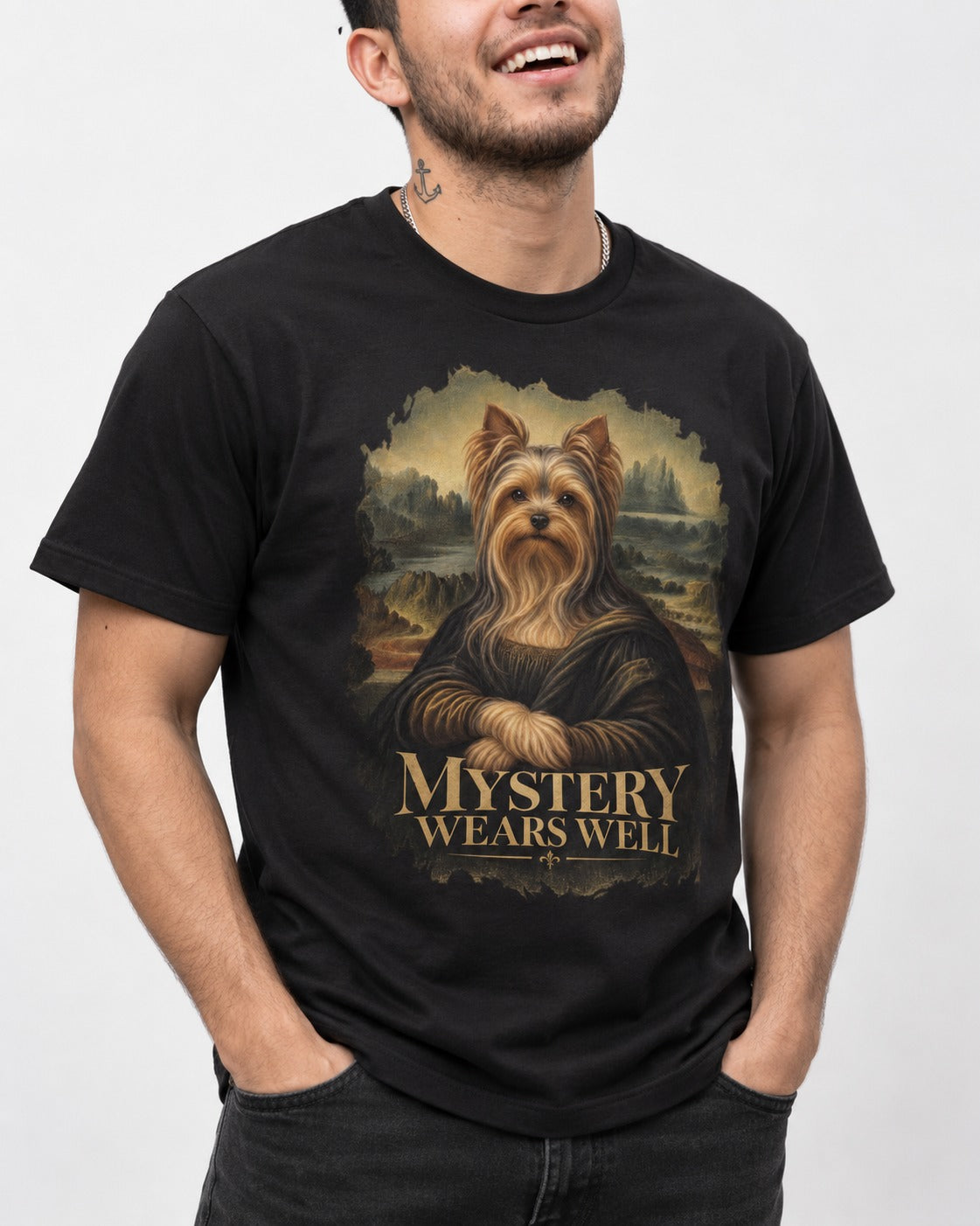 Yorkshire Terrier Mystery Wears Well Mona Lisa Portrait Graphic T-Shirt in Black, worn by a model, front view