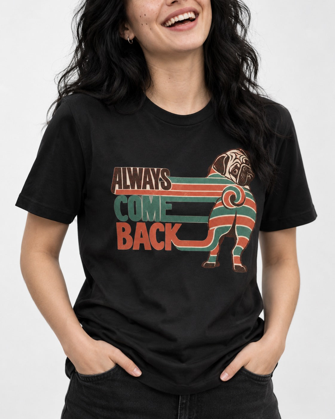 Pug Always Come Back Striped Body Graphic T-Shirt in Black, worn by a model, front view
