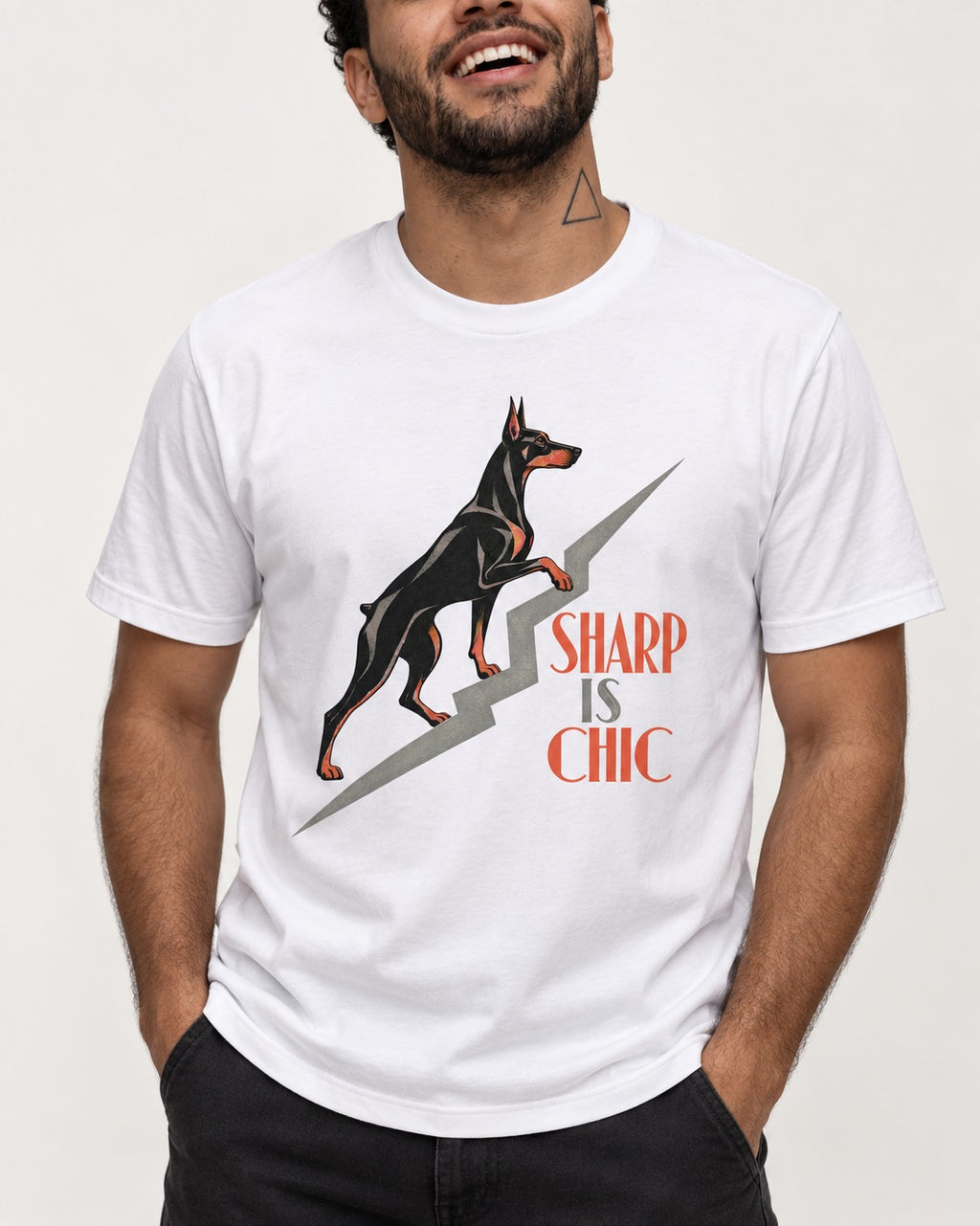 Doberman Is Chic T-Shirt in White, worn by a model, front view