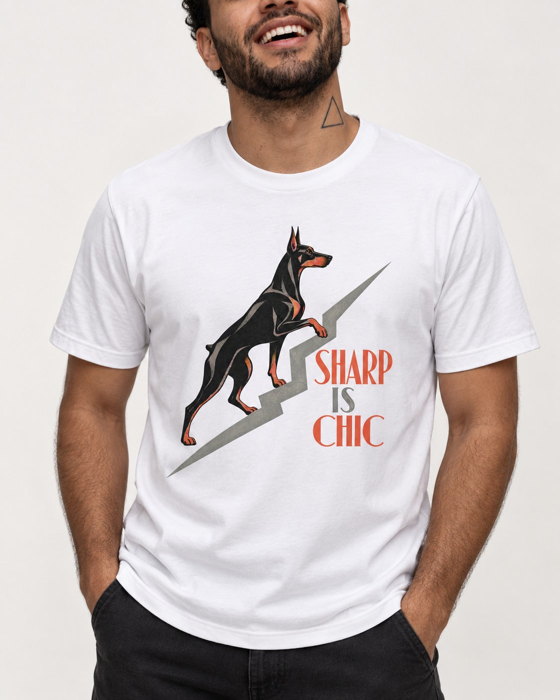 Doberman Is Chic T-Shirt in White, worn by a model, front view