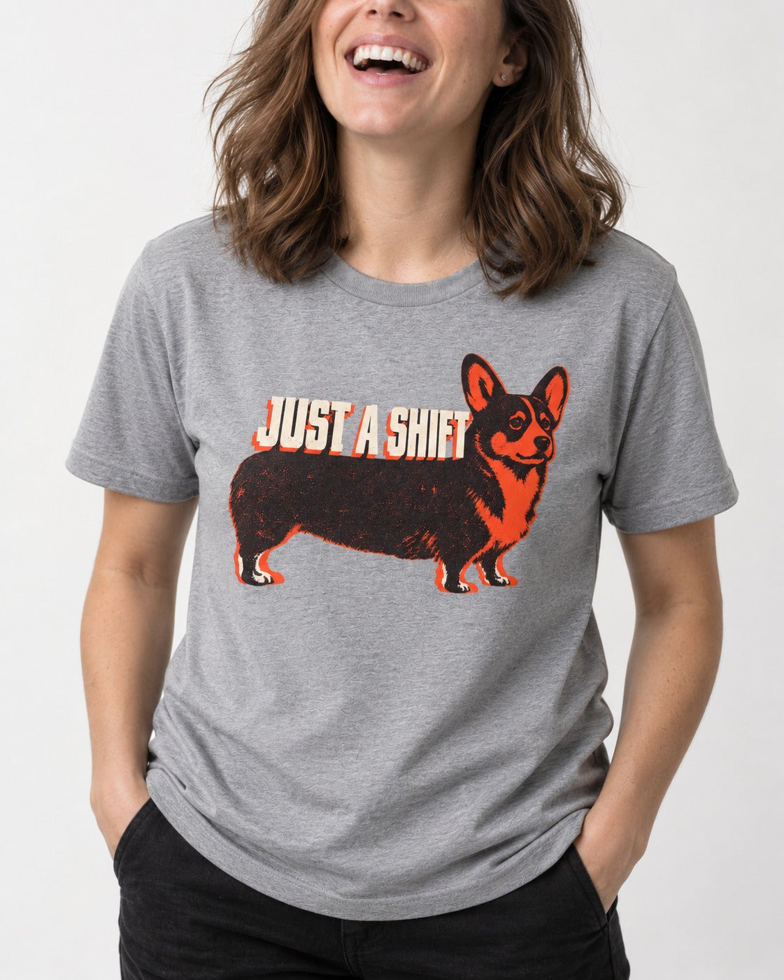 Corgi Just a Shift Typographic Graphic T-Shirt in Sport Grey, worn by a model, front view