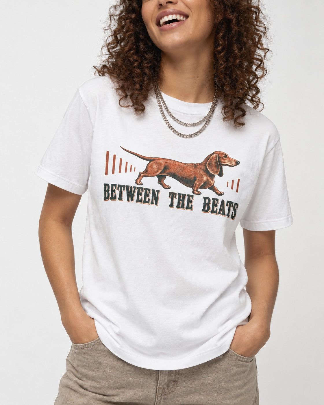 Dachshund Between the Beats T-Shirt in White, worn by a model, front view