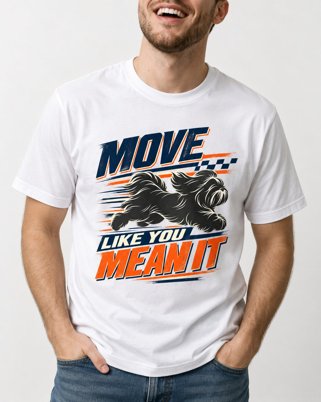 Move and Mean It Shih Tzu T-Shirt in White, worn by a model, front view