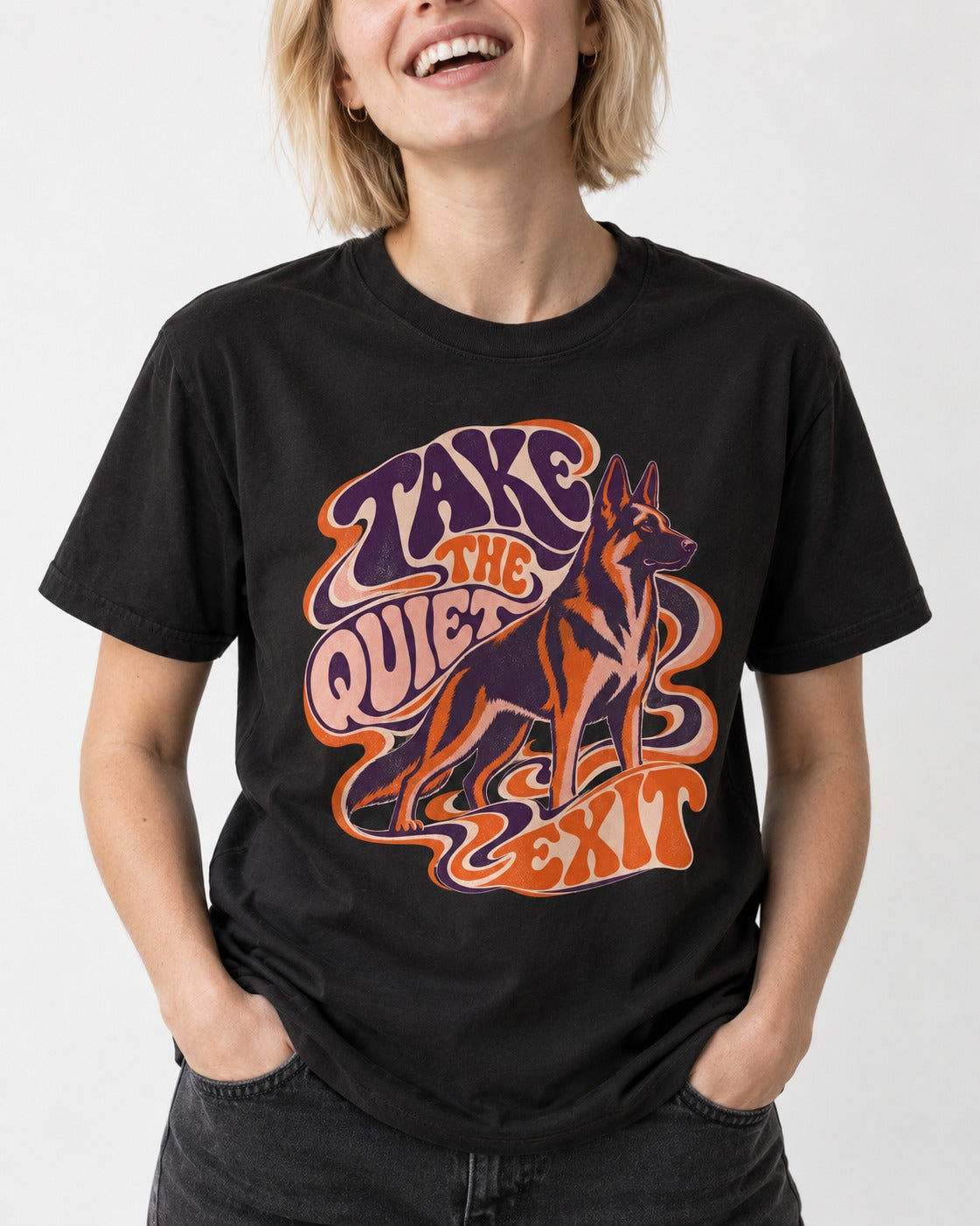 Take The Quiet Exit Psychedelic German Shepherd Dog Graphic T-Shirt in Black, worn by a model, front view