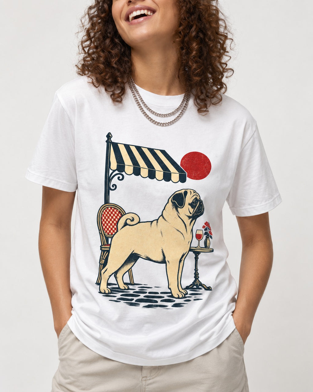 Pug Joie De Vivre T-Shirt in White, worn by a model, front view