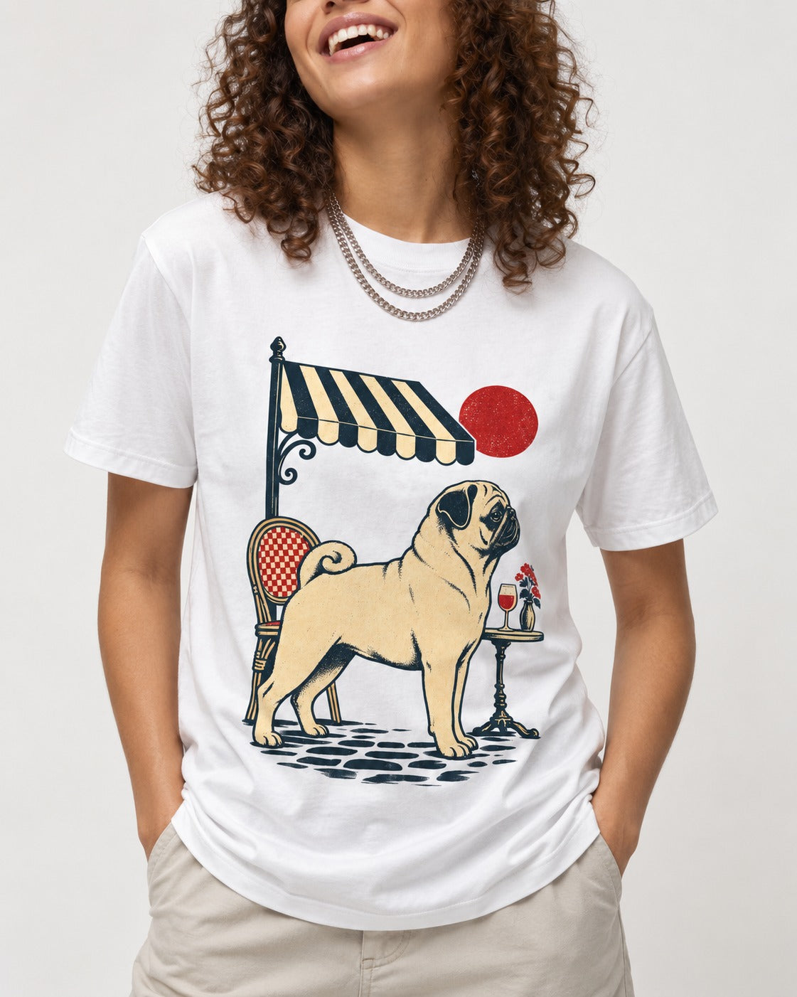 Pug Joie De Vivre T-Shirt in White, worn by a model, front view