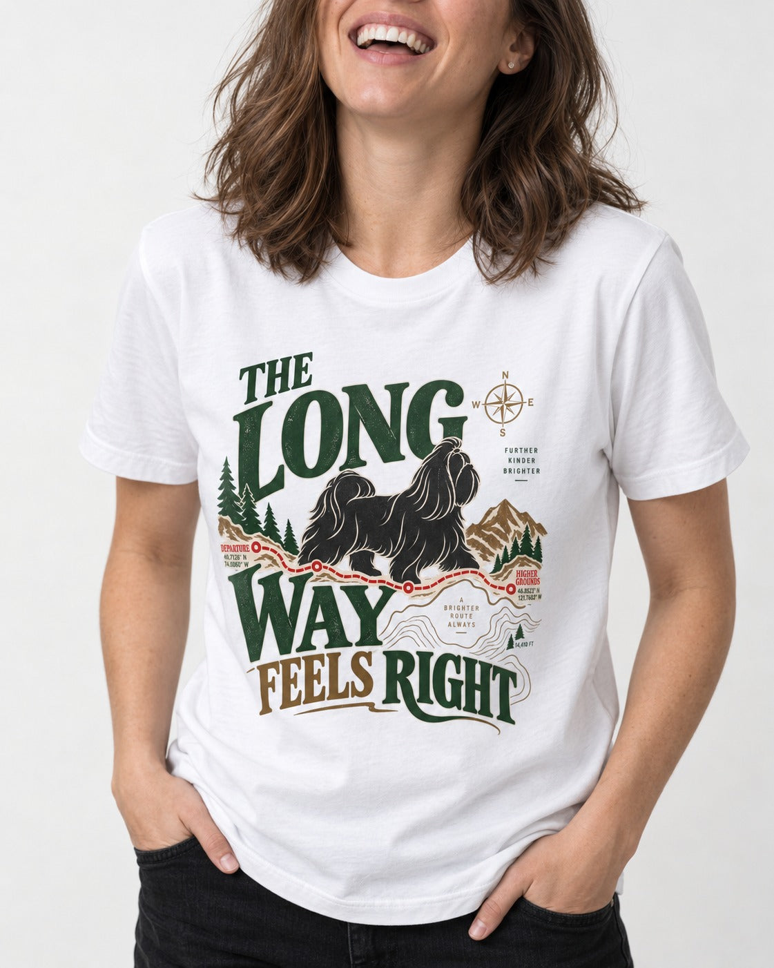 Shih Tzu Takes the Long Way T-Shirt in White, worn by a model, front view