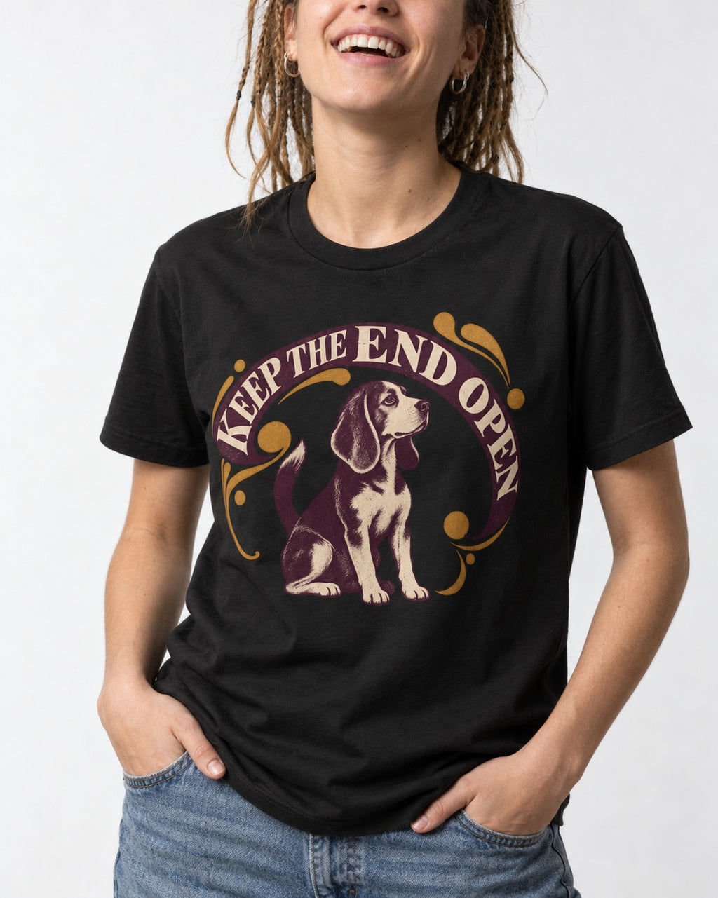 Beagle Keep The End Open Ornamental Graphic T-Shirt in Black, worn by a model, front view