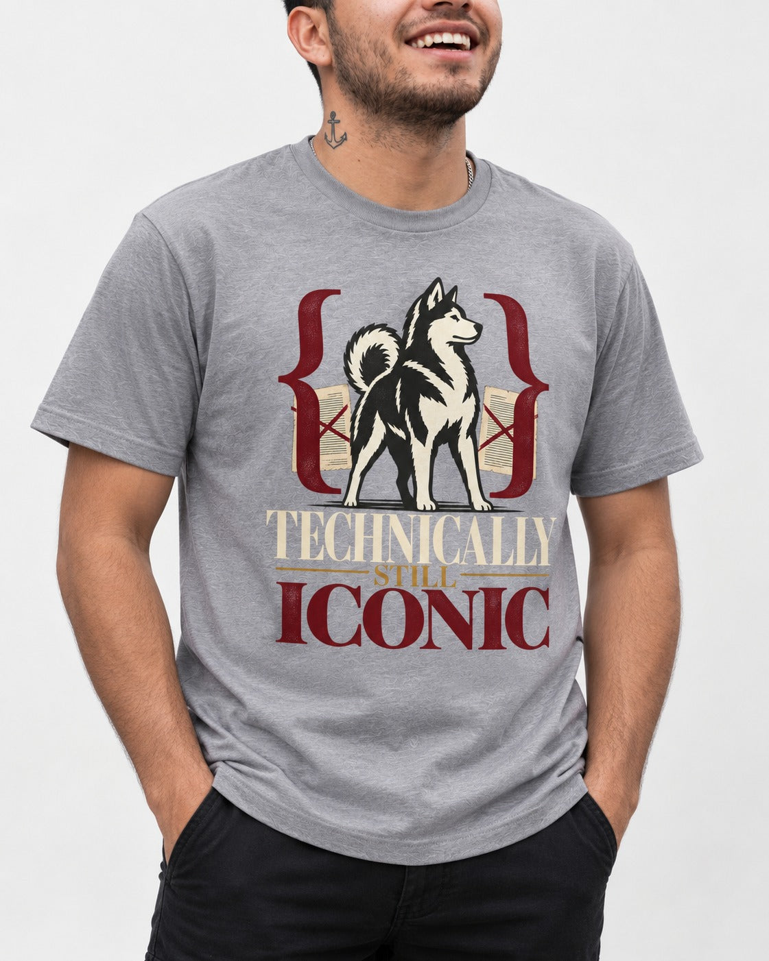 Husky Technically Still Iconic Editorial Frame Graphic T-Shirt in Sport Grey, worn by a model, front view