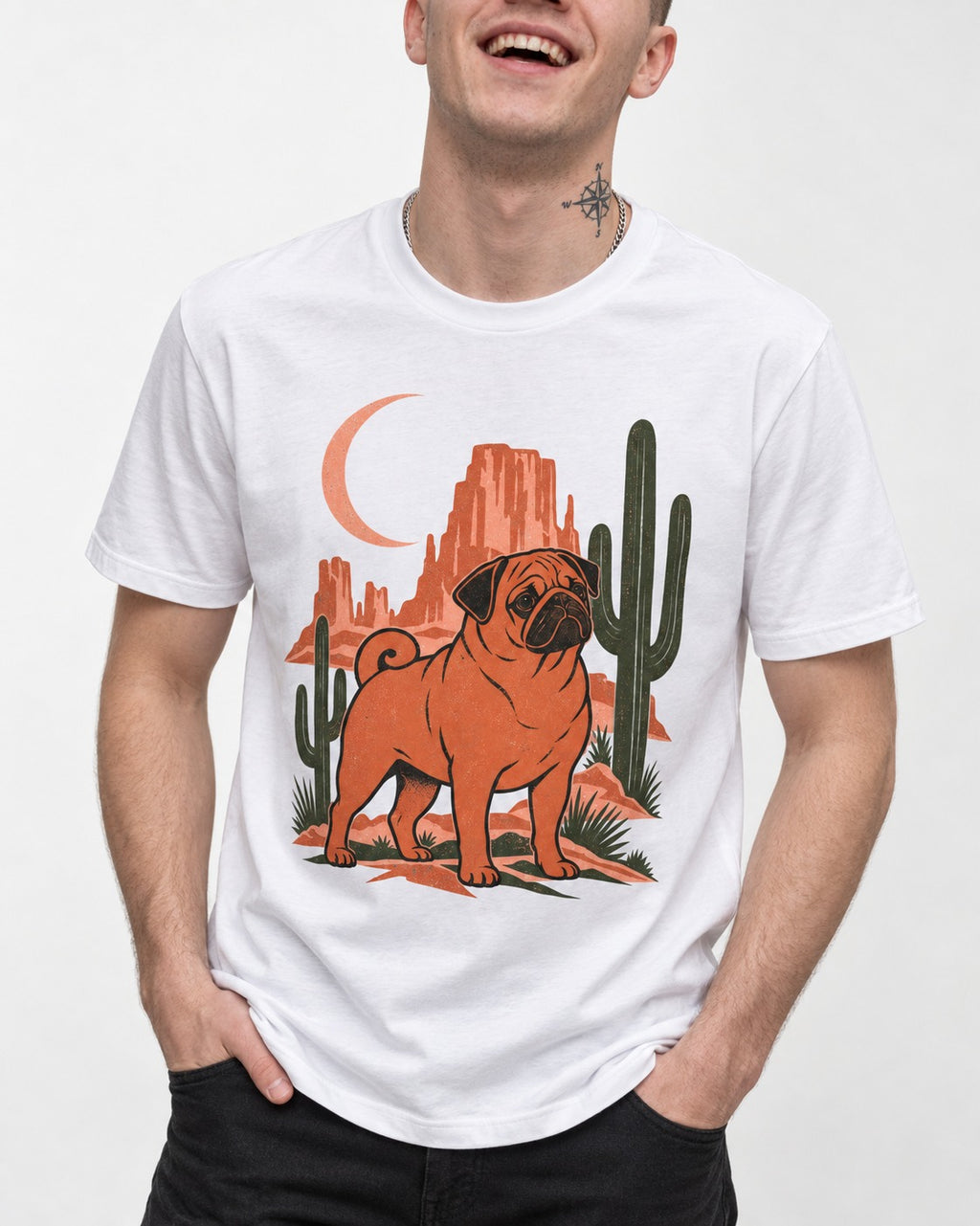 Pug Wild at Heart T-Shirt in White, worn by a model, front view