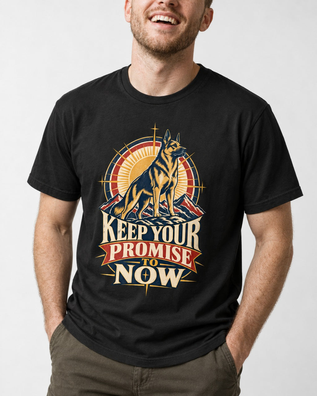 Keep Your Promise To Now Sunrise German Shepherd Dog Graphic T-Shirt in Black, worn by a model, front view