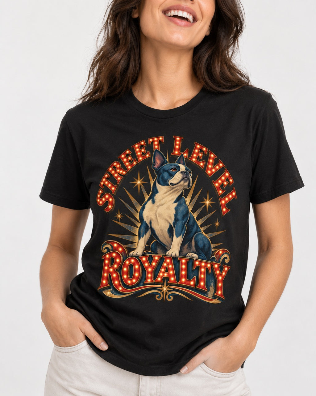 Street Level Royalty Boston Terrier T-Shirt in Black, worn by a model, front view