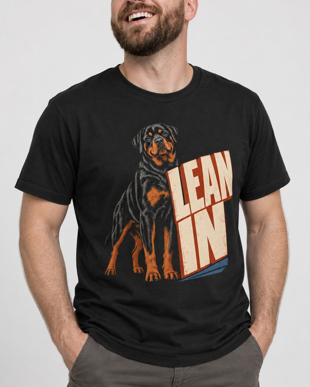 Rottweiler Lean In Block Typography Graphic T-Shirt in Black, worn by a model, front view