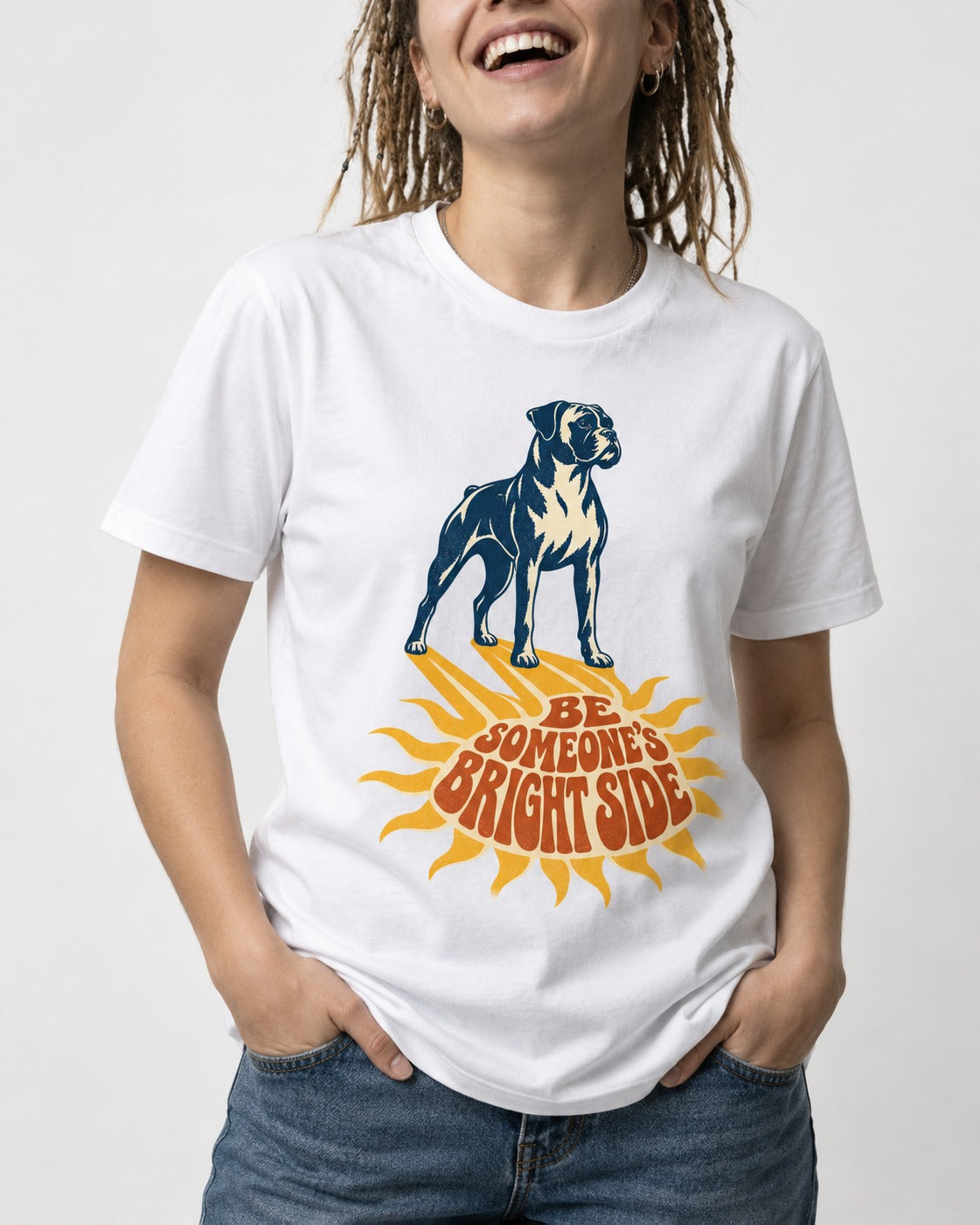 Boxer Be Someone's Bright Side T-Shirt in White, worn by a model, front view