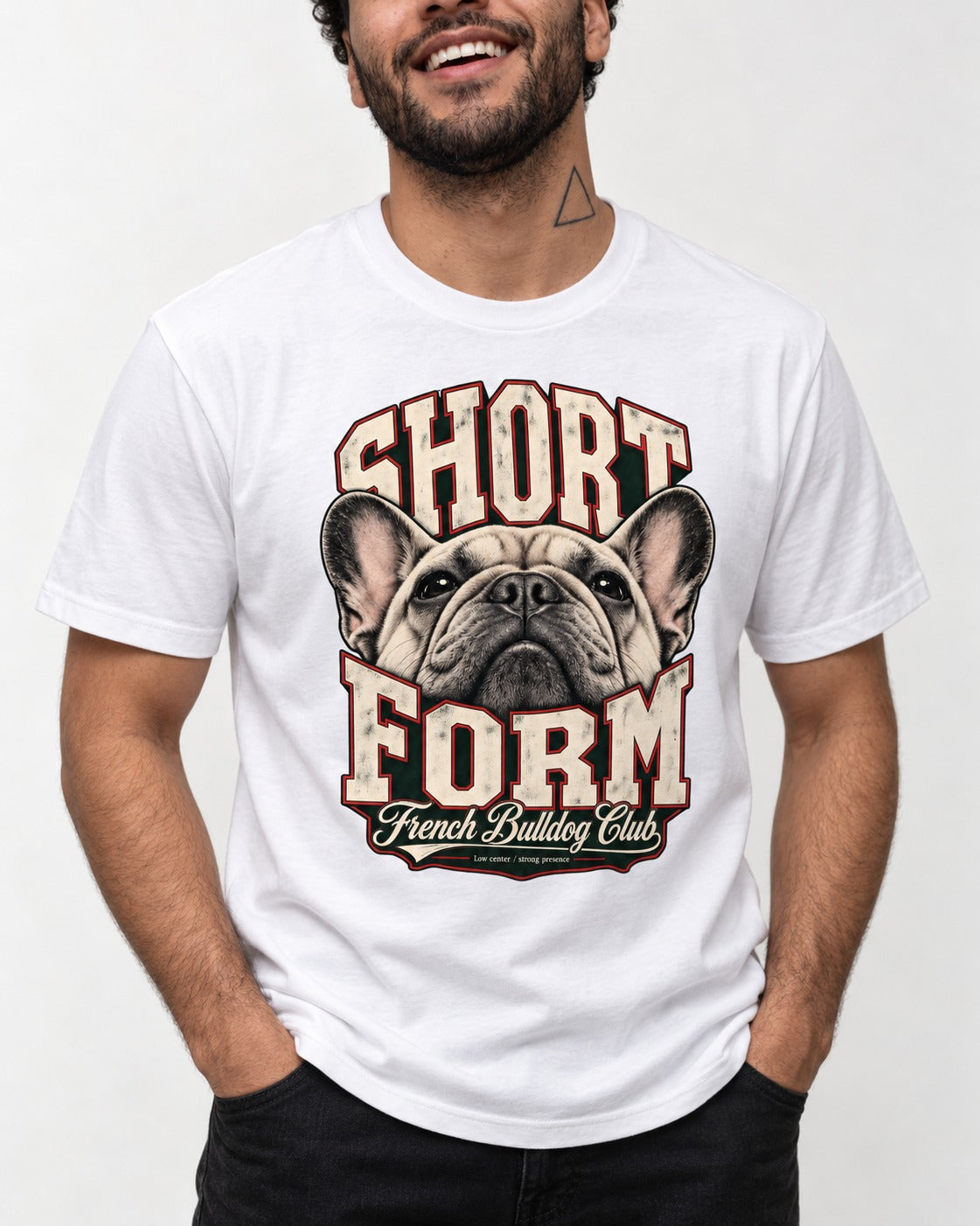 Short Form Frenchie T-Shirt in White, worn by a model, front view