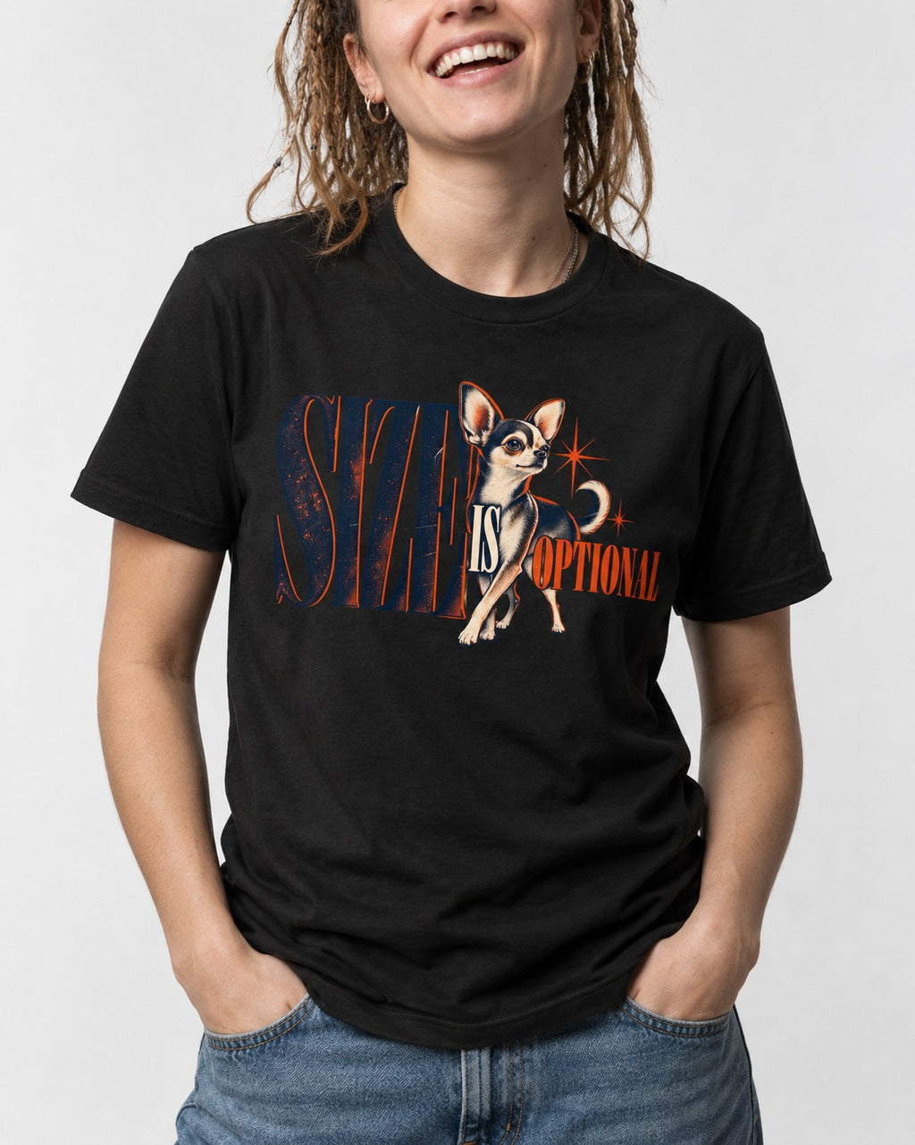 Chihuahua Size Is Optional Starburst Graphic T-Shirt in Black, worn by a model, front view