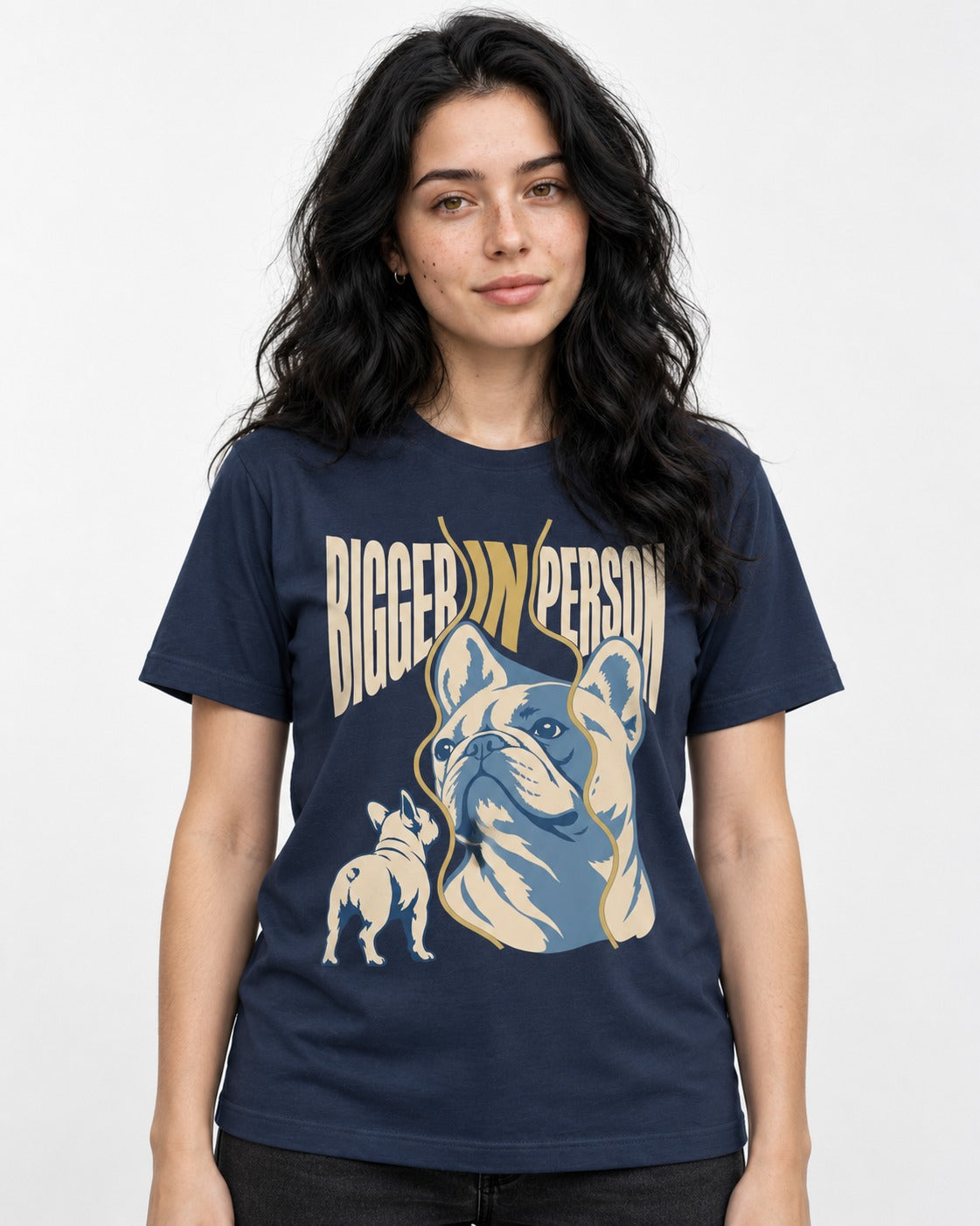 Frenchie Bigger in Person Mirror Graphic T-Shirt in Navy, worn by a model