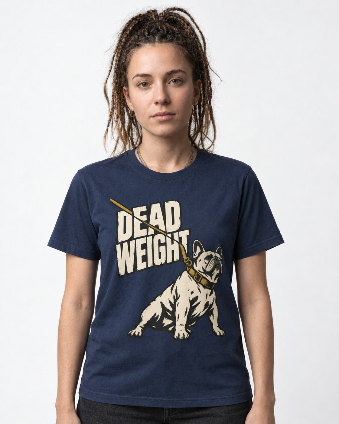 Frenchie Dead Weight Leash Graphic T-Shirt in Navy, worn by a model