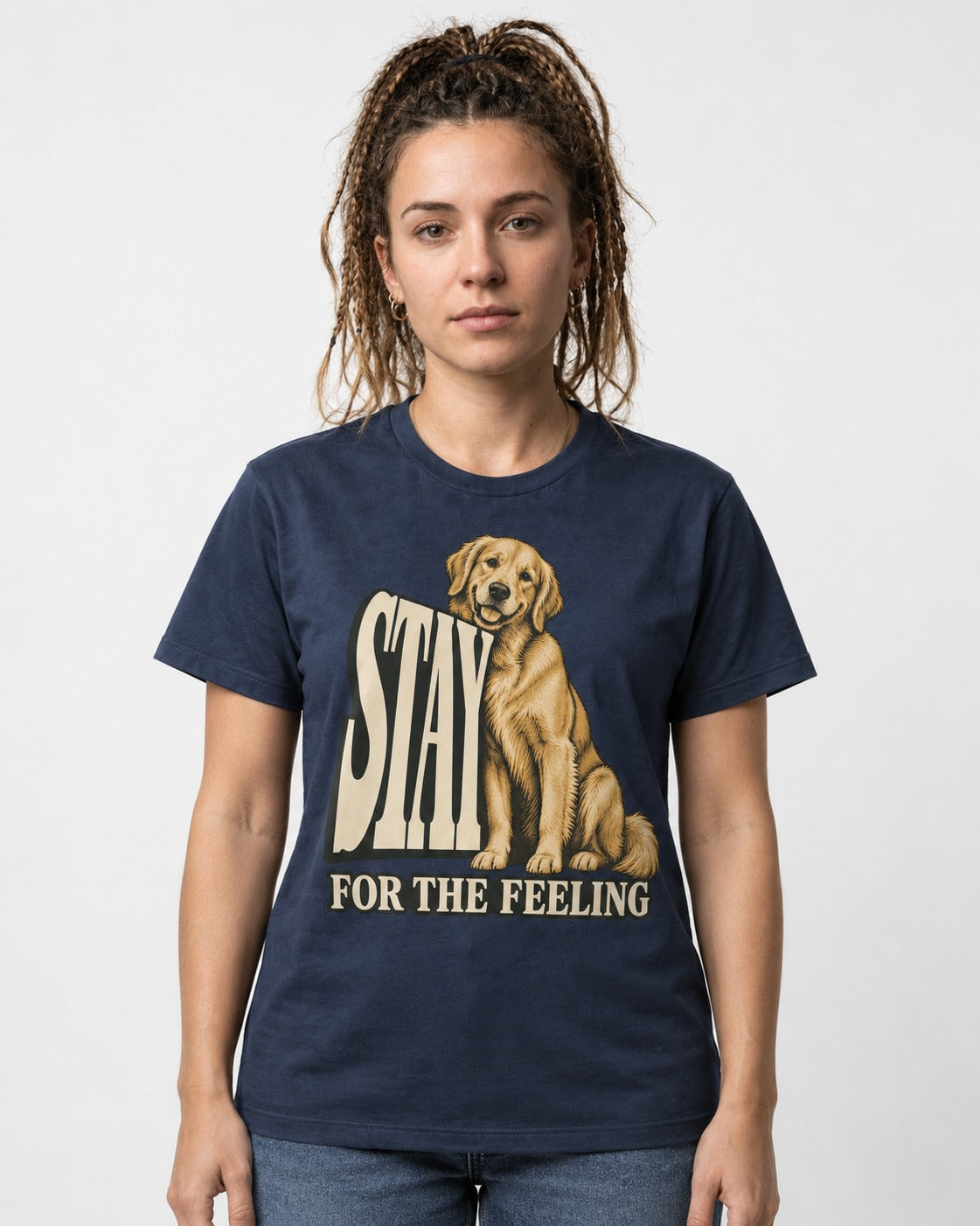 Golden Retriever Stay for the Feeling Leaning Puppy Graphic T-Shirt in Navy, worn by a model