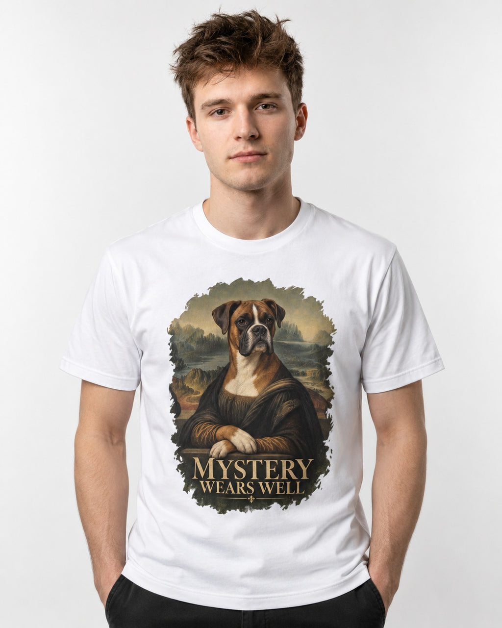 Mystery Wears Well Boxer Mona Lisa Portrait T-Shirt in White, worn by a model