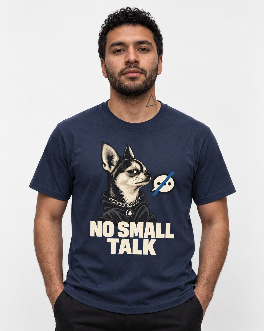 Chihuahua No Small Talk Speech-Off Portrait Graphic T-Shirt in Navy, worn by a model
