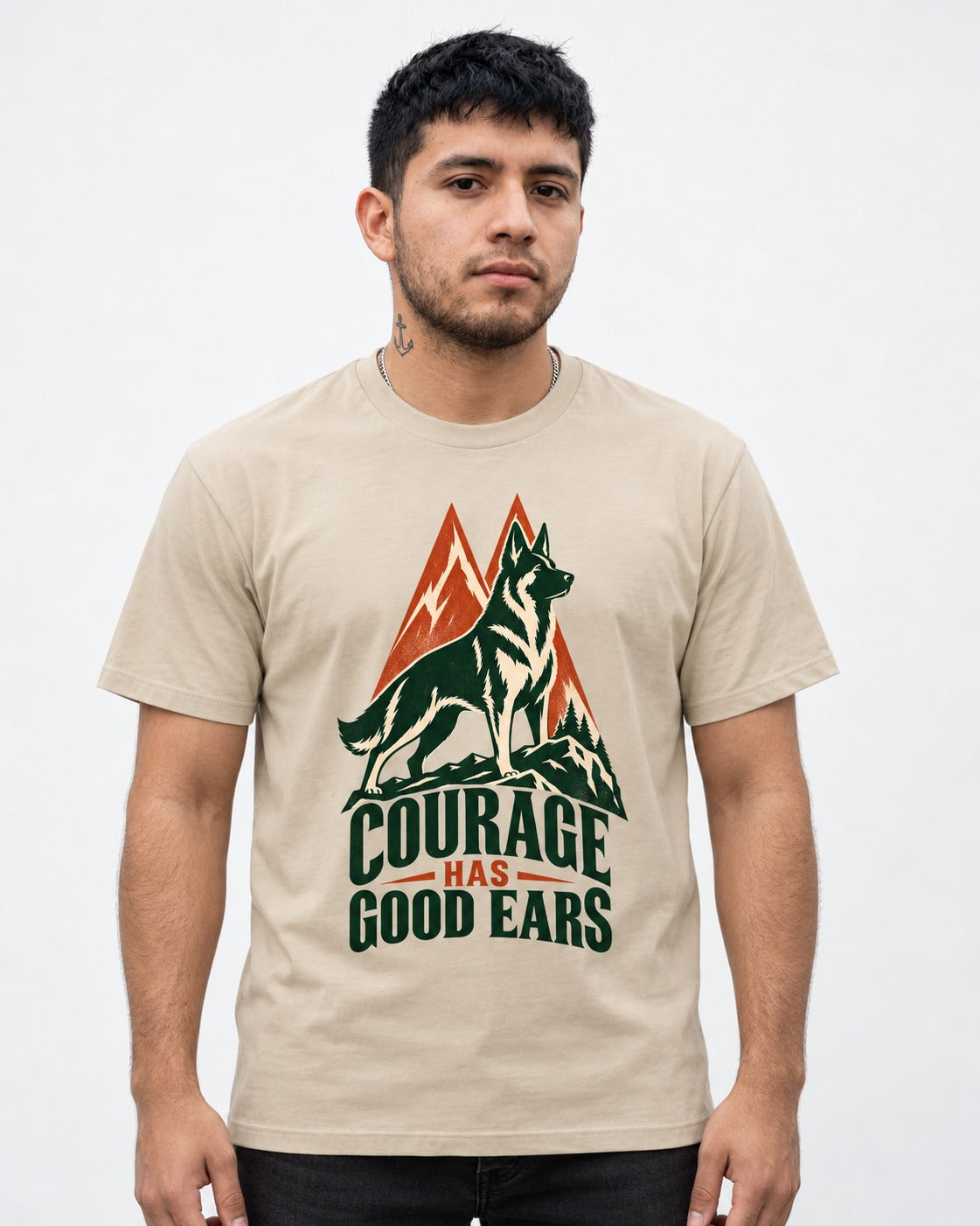 Courage Has Good Ears German Shepherd Dog T-Shirt in Sand, worn by a model