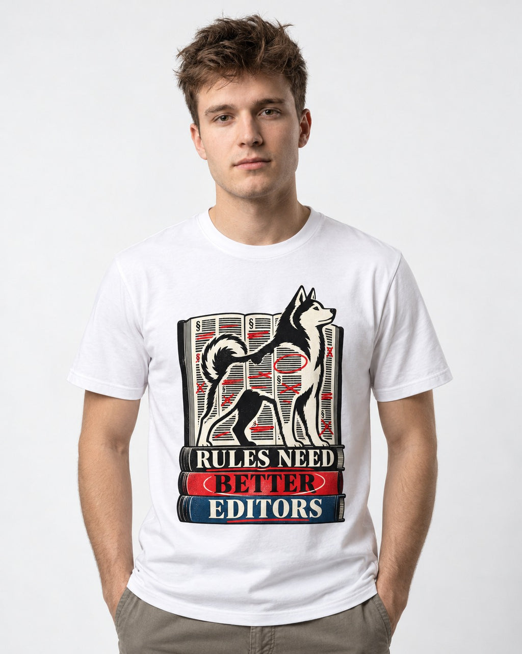 Husky Rules Need Better Editors Book Stack Graphic T-Shirt in White, worn by a model