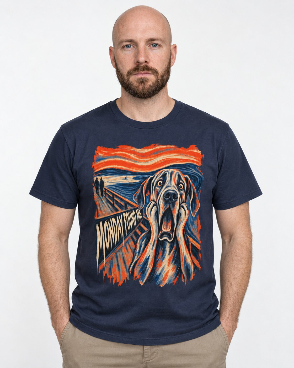 Great Dane Monday Found Me Scream Parody Graphic T-Shirt in Navy, worn by a model