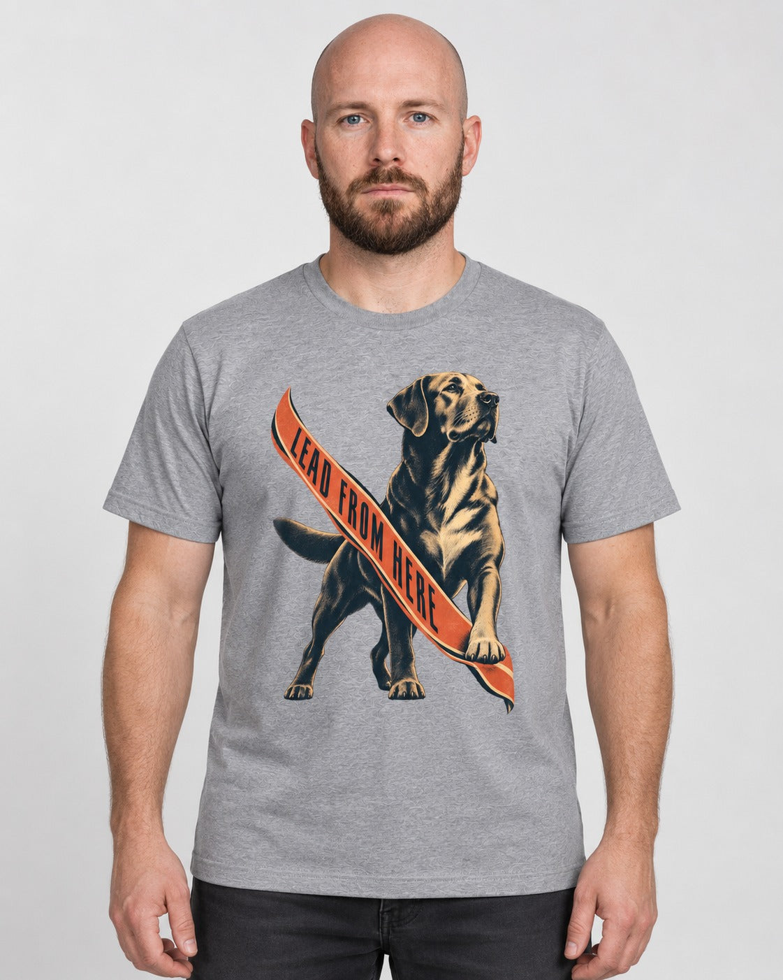 Lead From Here Labrador Retriever T-Shirt in Sport Grey, worn by a model