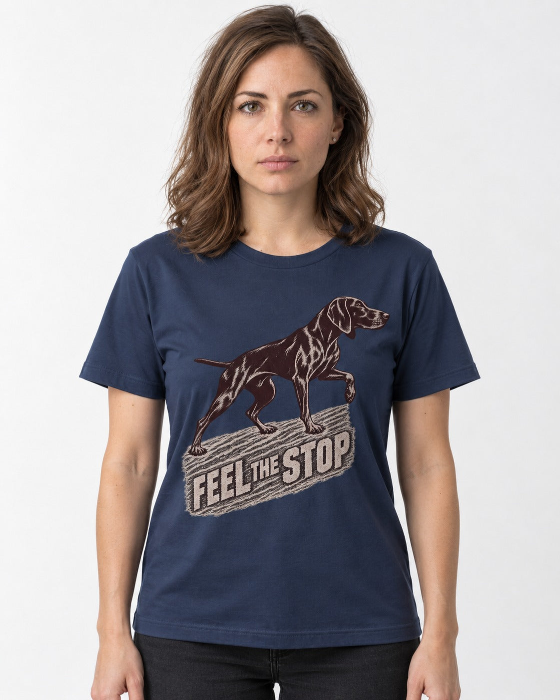 German Shorthaired Pointer Feel The Stop Frottage Graphic T-Shirt in Navy, worn by a model
