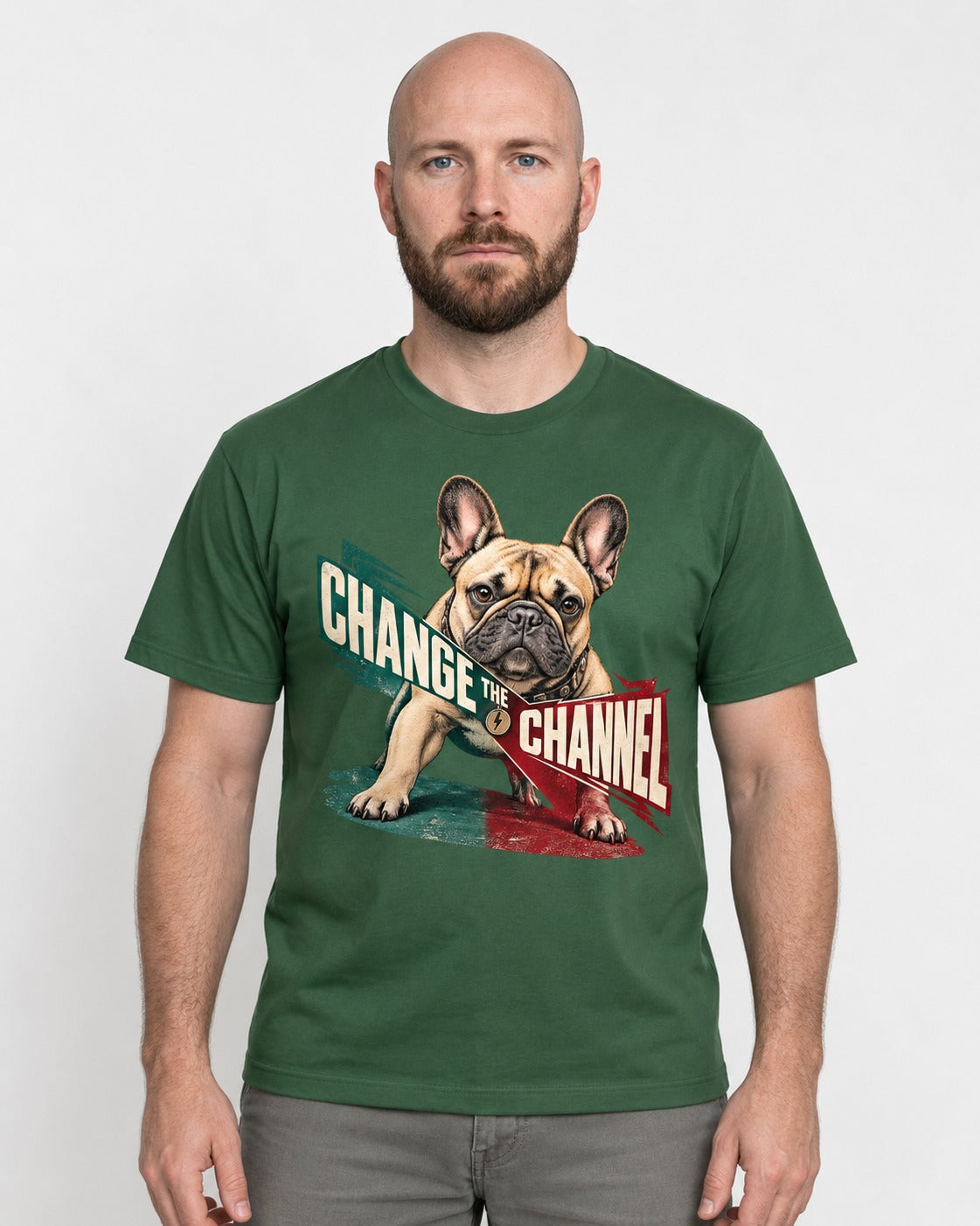 Frenchie Change the Channel Graphic T-Shirt in Forest Green, worn by a model
