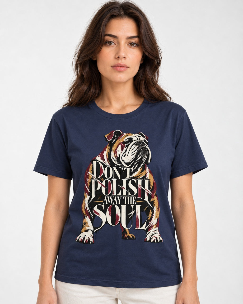 English Bulldog Don't Polish Away the Soul Typography Graphic T-Shirt in Navy, worn by a model
