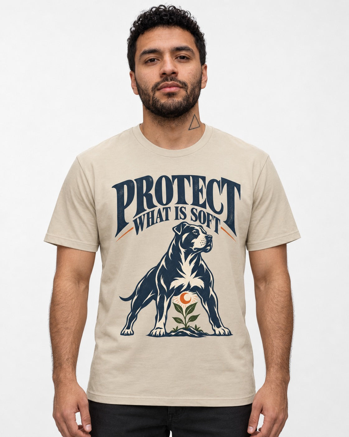 Protect What Is Soft Pitbull T-Shirt in Sand, worn by a model