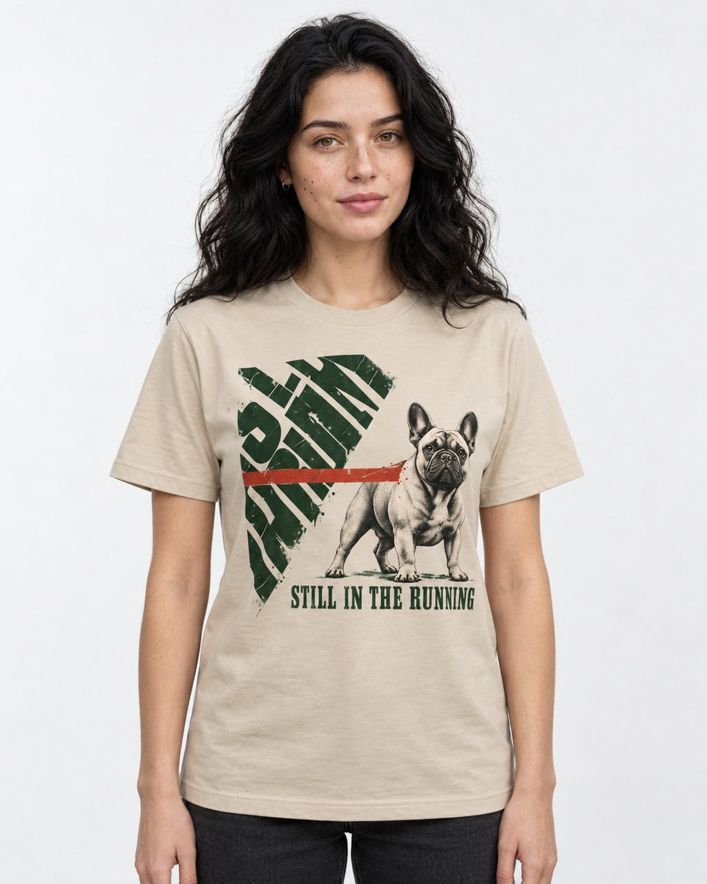 Frenchie Still in the Running T-Shirt in Sand, worn by a model