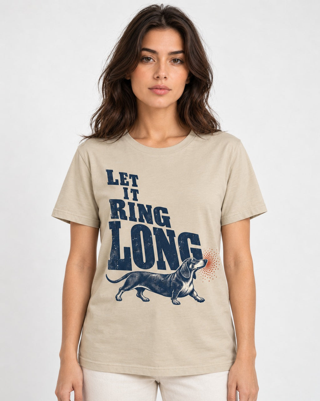 Let It Ring Long Dachshund T-Shirt in Sand, worn by a model