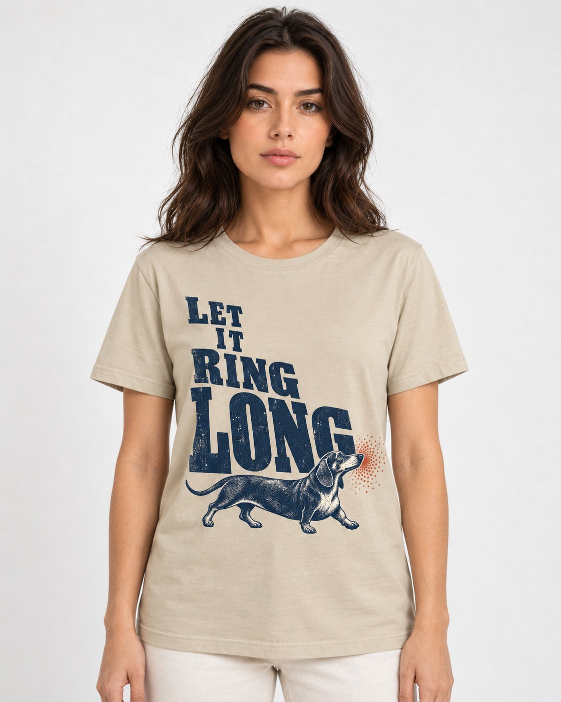 Let It Ring Long Dachshund T-Shirt in Sand, worn by a model