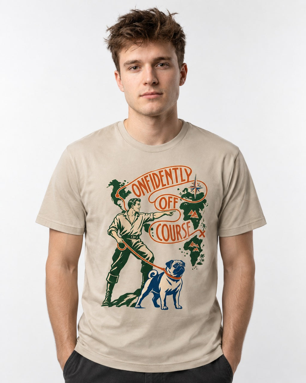 Pug Confidently Off Course T-Shirt in Sand, worn by a model