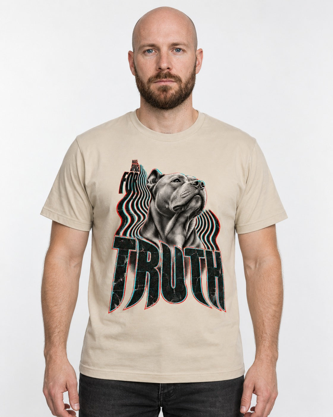 Pitbull Truth T-Shirt in Sand, worn by a model