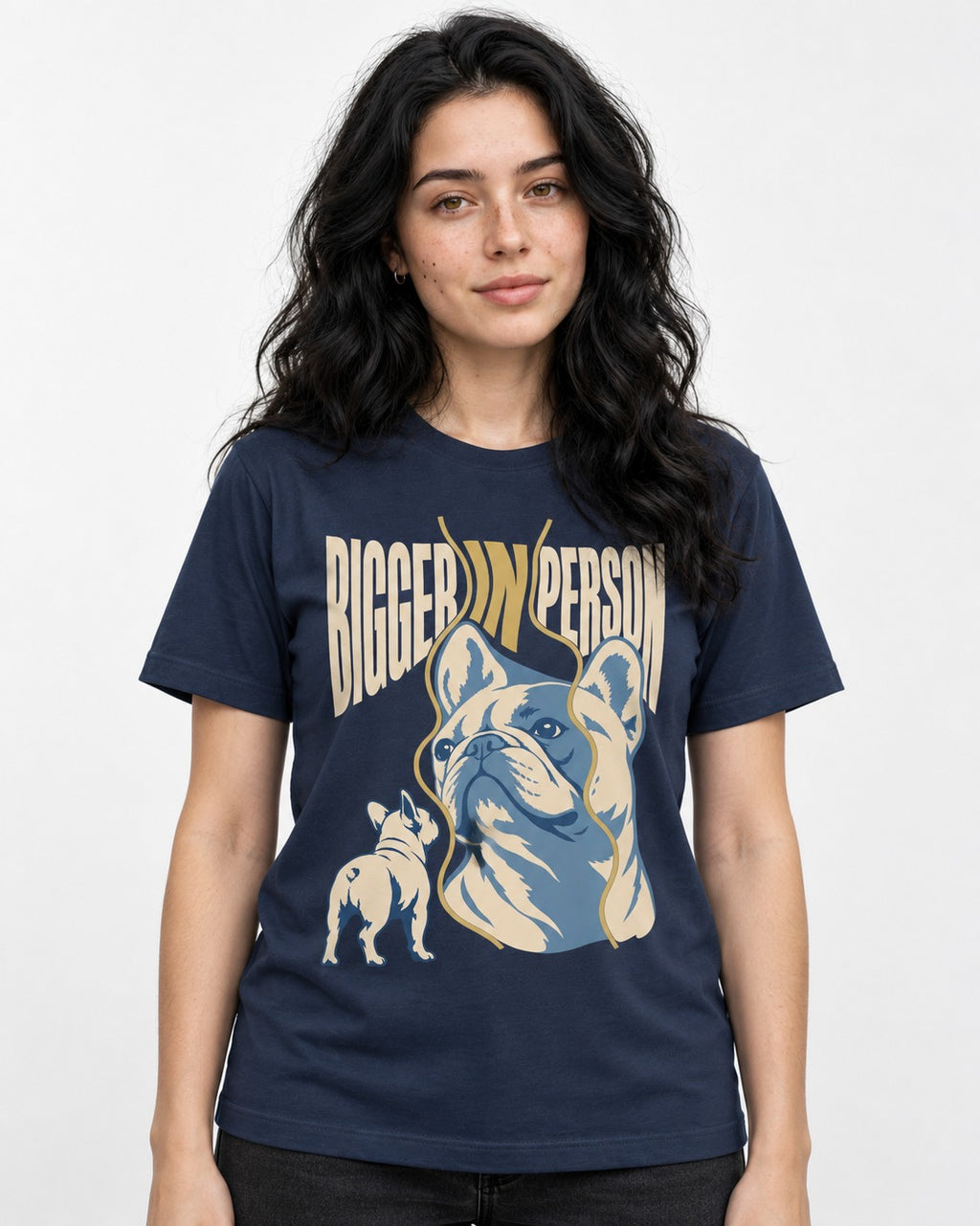 Frenchie Bigger in Person Mirror Graphic T-Shirt in Navy, worn by a model