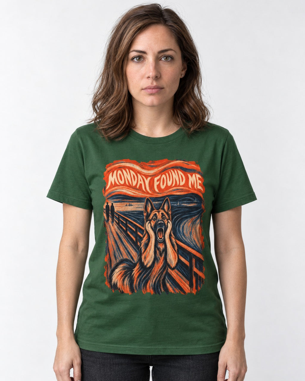 German Shepherd Dog Monday Found Me Scream Graphic T-Shirt in Forest Green, worn by a model