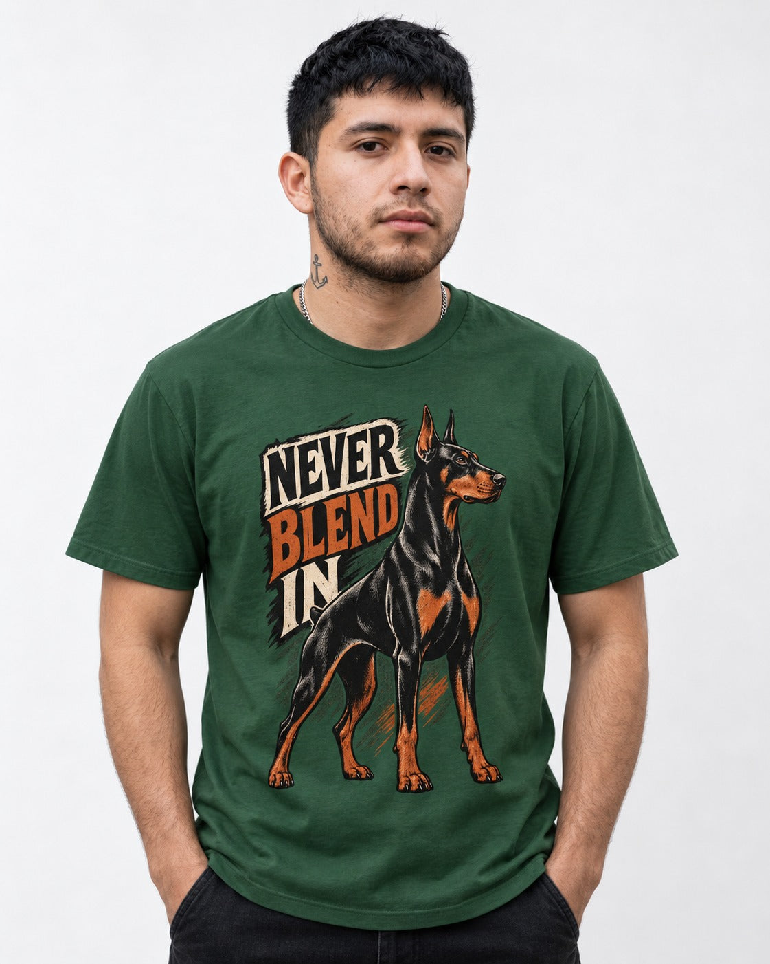 Doberman Never Blend In Brush Graphic T-Shirt in Forest Green, worn by a model