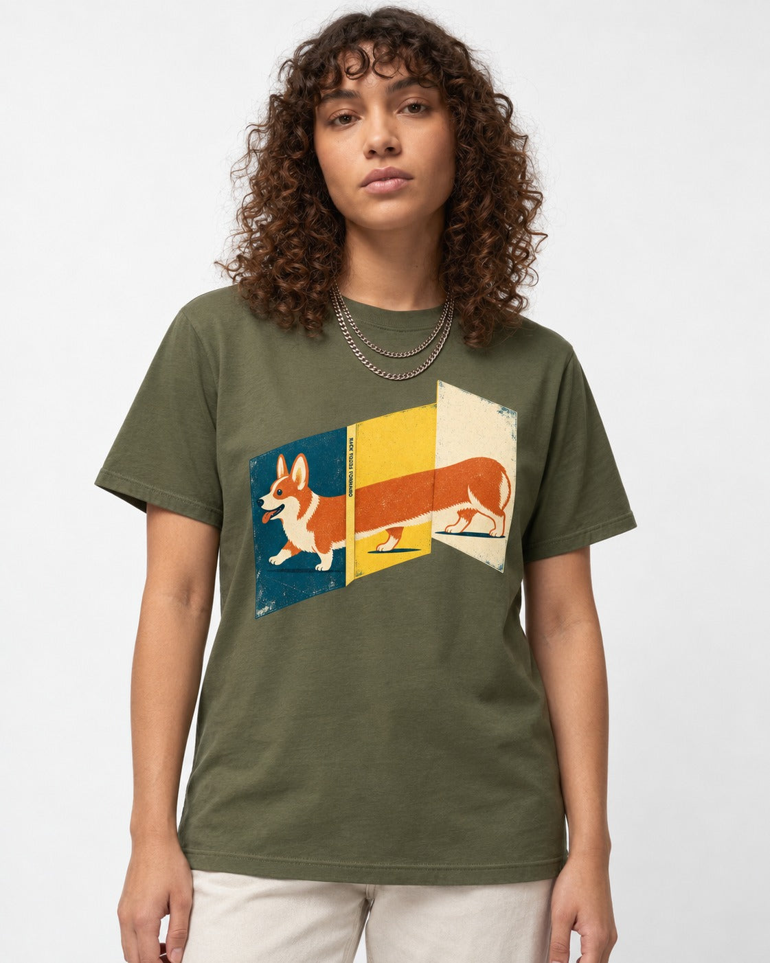 Corgi Back Folds Forward Panels T-Shirt in Heather Military Green, worn by a model