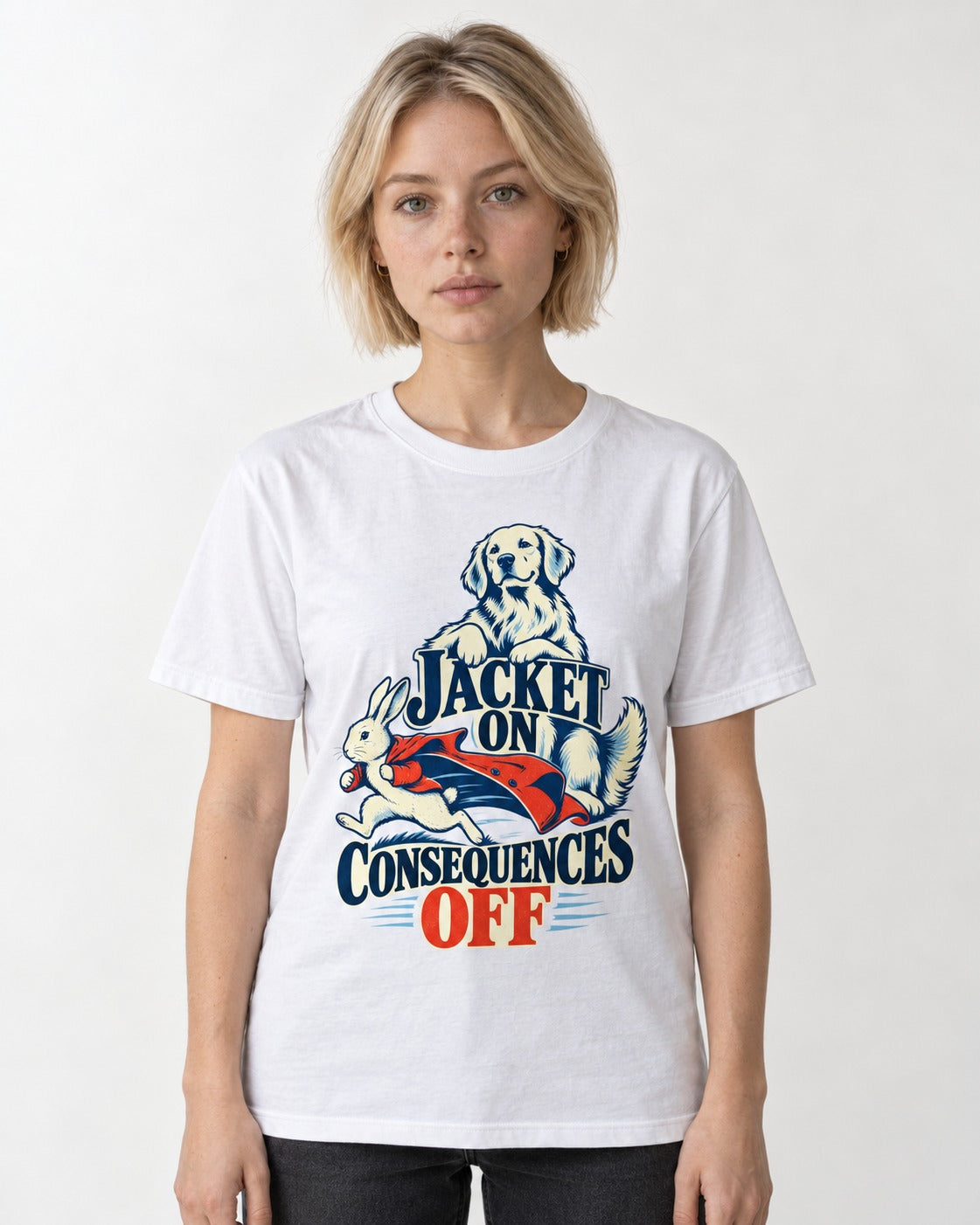 Golden Retriever Jacket On Consequences Off Rabbit Chase Graphic T-Shirt in White, worn by a model