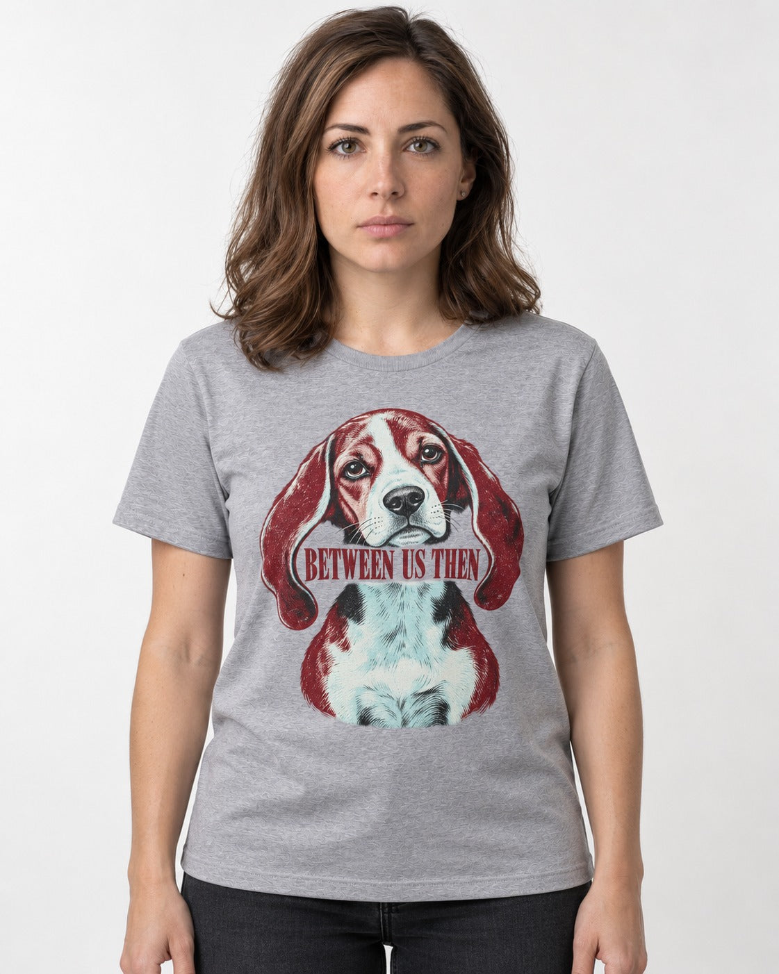 Beagle Between Us Then T-Shirt in Sport Grey, worn by a model
