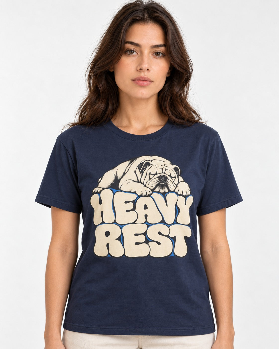 English Bulldog Heavy Rest Graphic T-Shirt in Navy, worn by a model