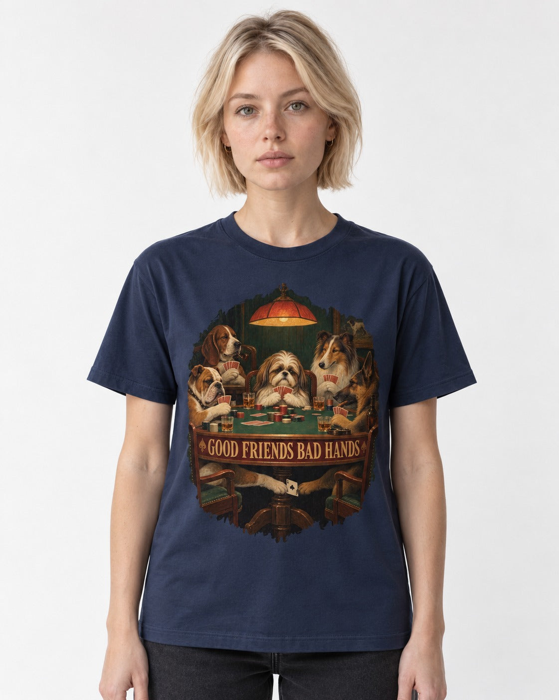 Shih Tzu Good Friends Bad Hands Poker Night Graphic T-Shirt in Navy, worn by a model