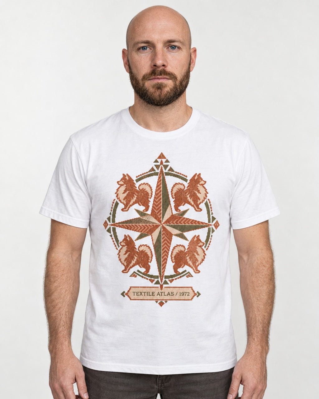 Pomeranian Textile Atlas Compass Rose Graphic T-Shirt in White, worn by a model