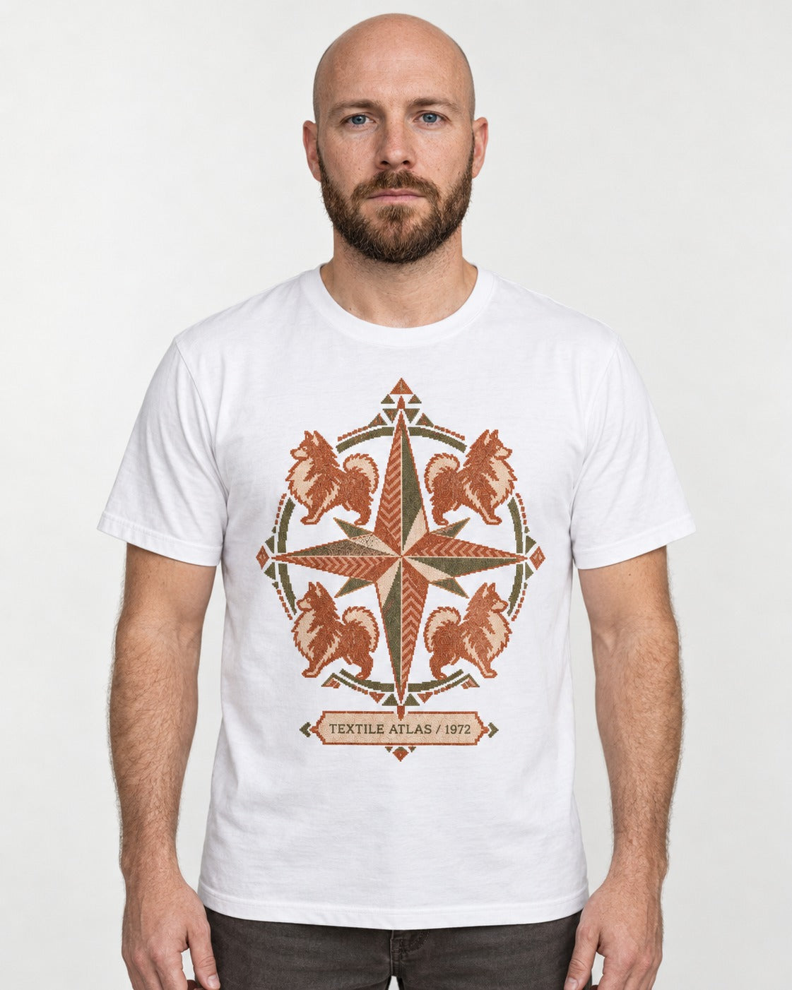 Pomeranian Textile Atlas Compass Rose Graphic T-Shirt in White, worn by a model